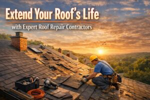 Professional roof repair contractors replacing damaged shingles on a residential roof at sunset, illustrating how expert roof repairs extend a roof’s lifespan.