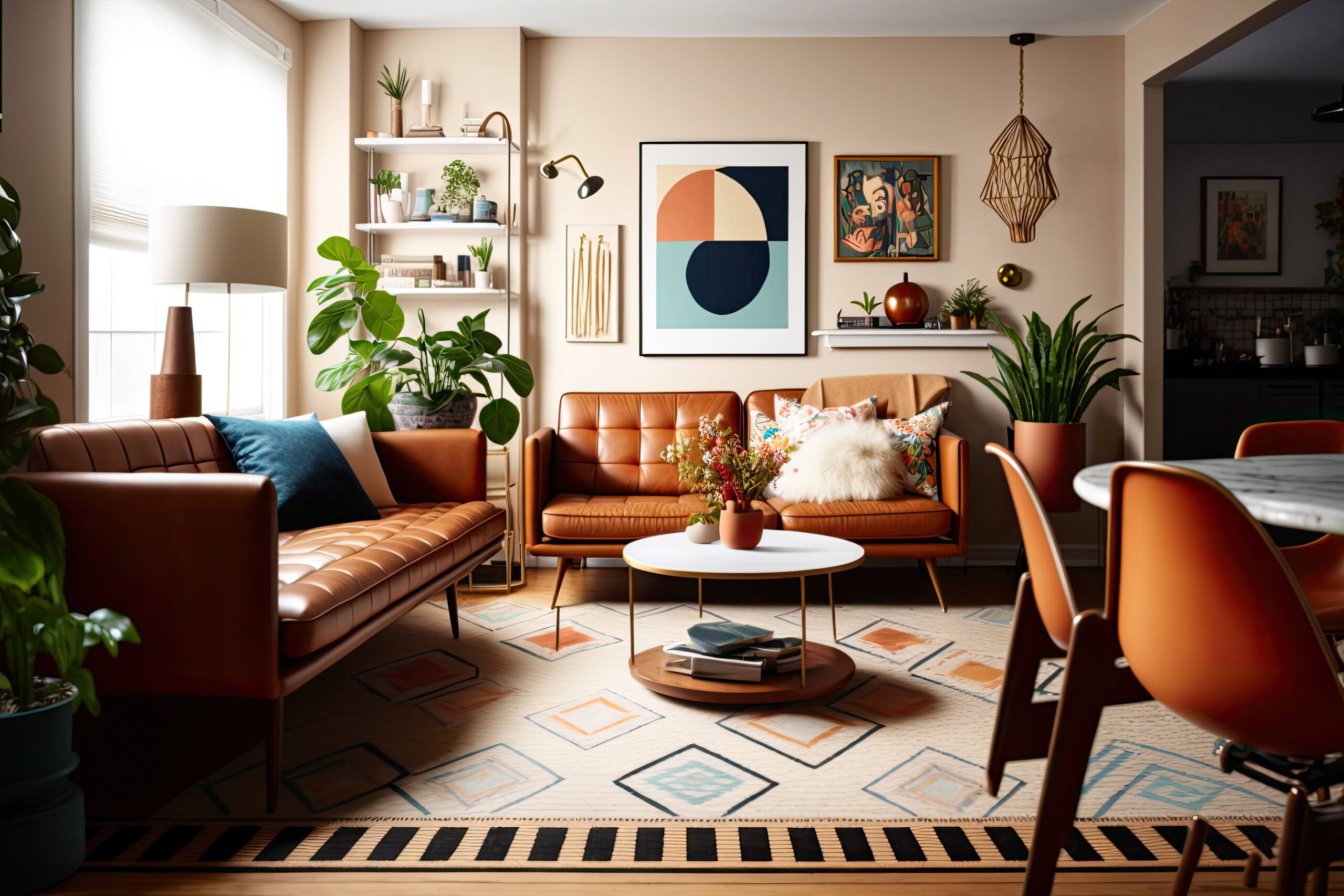 living room Mid Century style with warm colors.